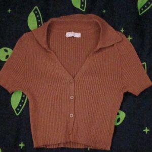 Brown Ribbed Button-Up Top